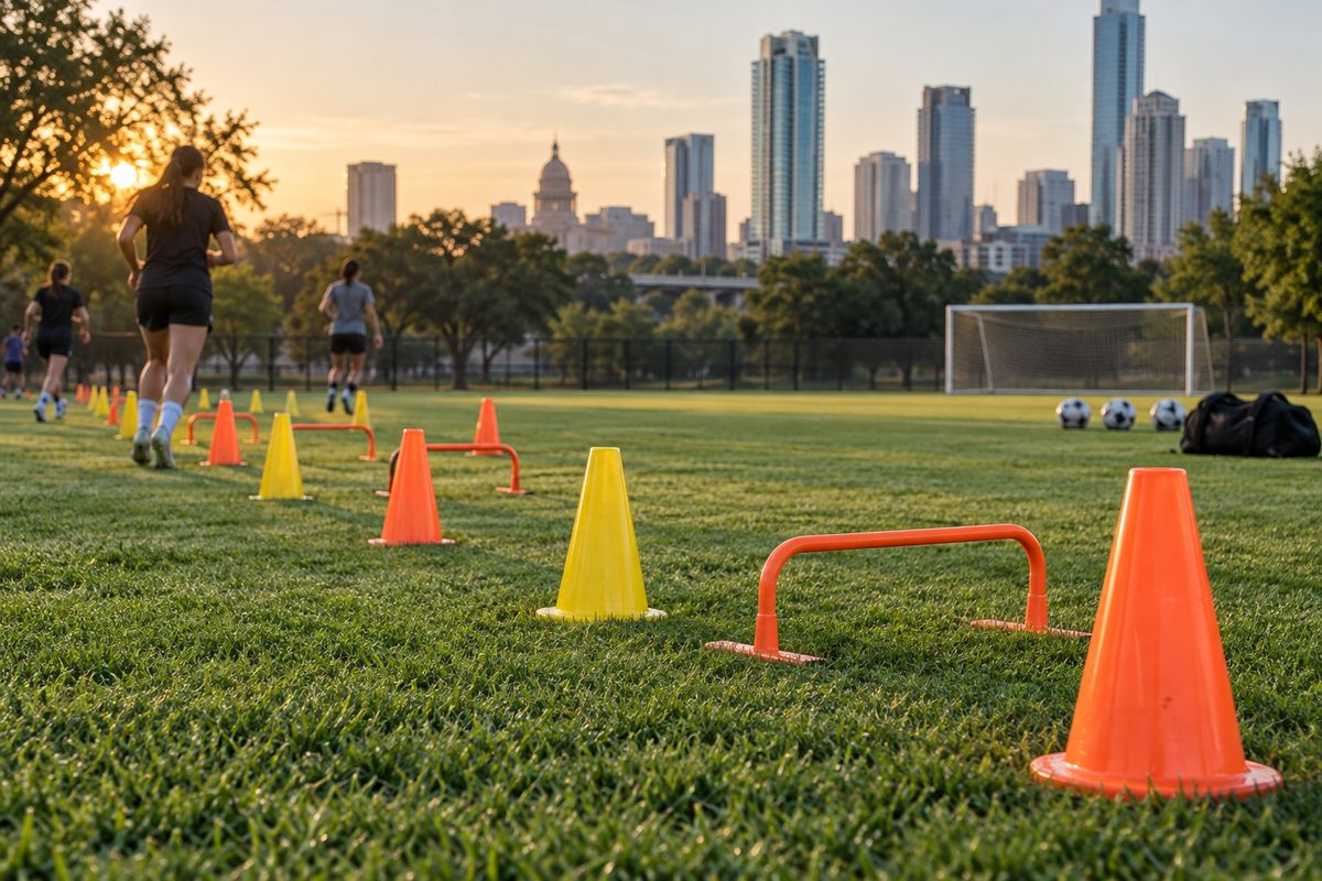 Agility cones and mini hurdles placed on grass turf for squad training.